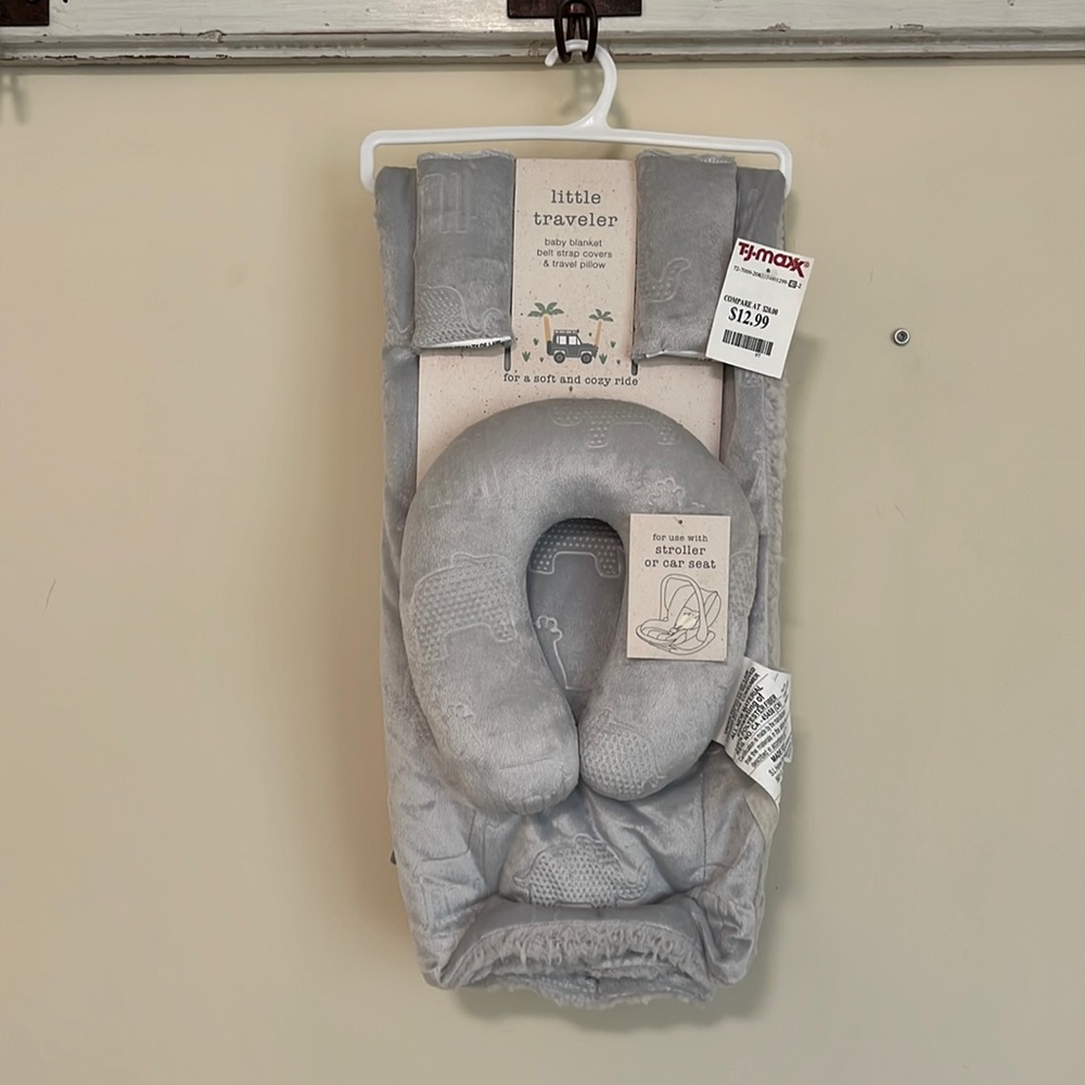 Little travler baby blanket, belt strap cover, and travel pillow